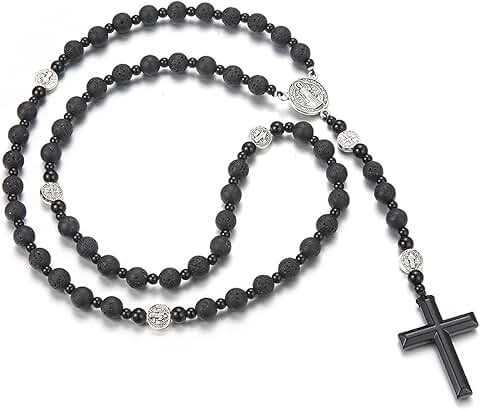 Men's Tiger Eye Cross Necklace with Obsidian and Lava Rock
