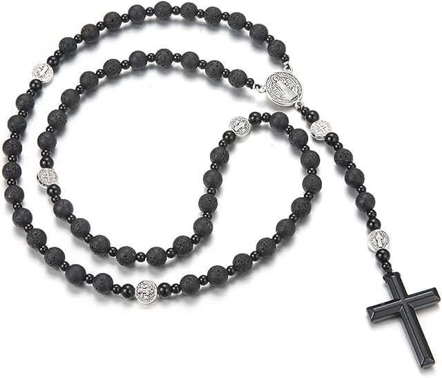 Men's Tiger Eye Cross Necklace with Obsidian and Lava Rock