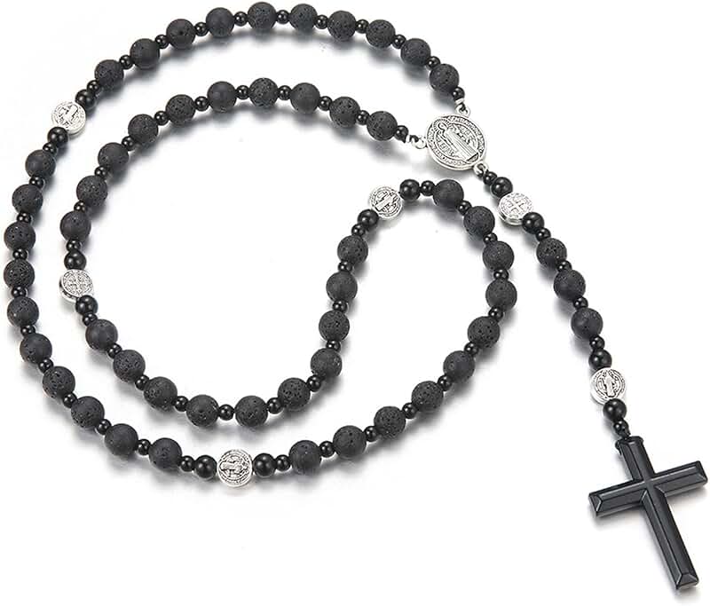 Men's Tiger Eye Cross Necklace with Obsidian and Lava Rock