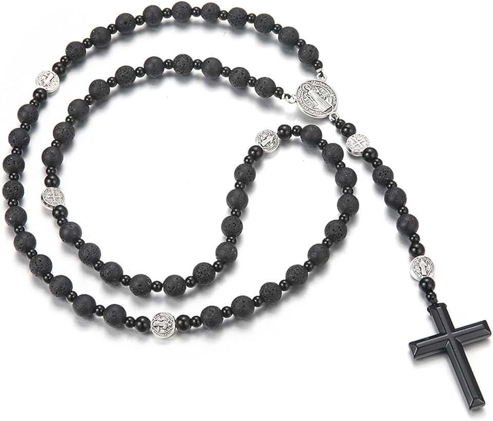 Men's Tiger Eye Cross Necklace with Obsidian and Lava Rock