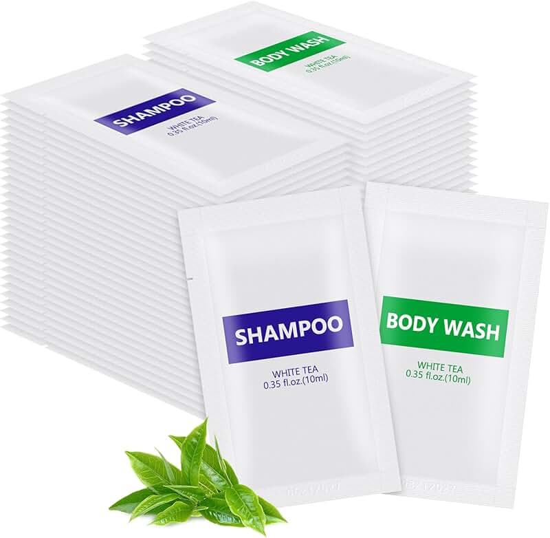 Pack of 100 Travel Size White Tea Body Wash and Shampoo