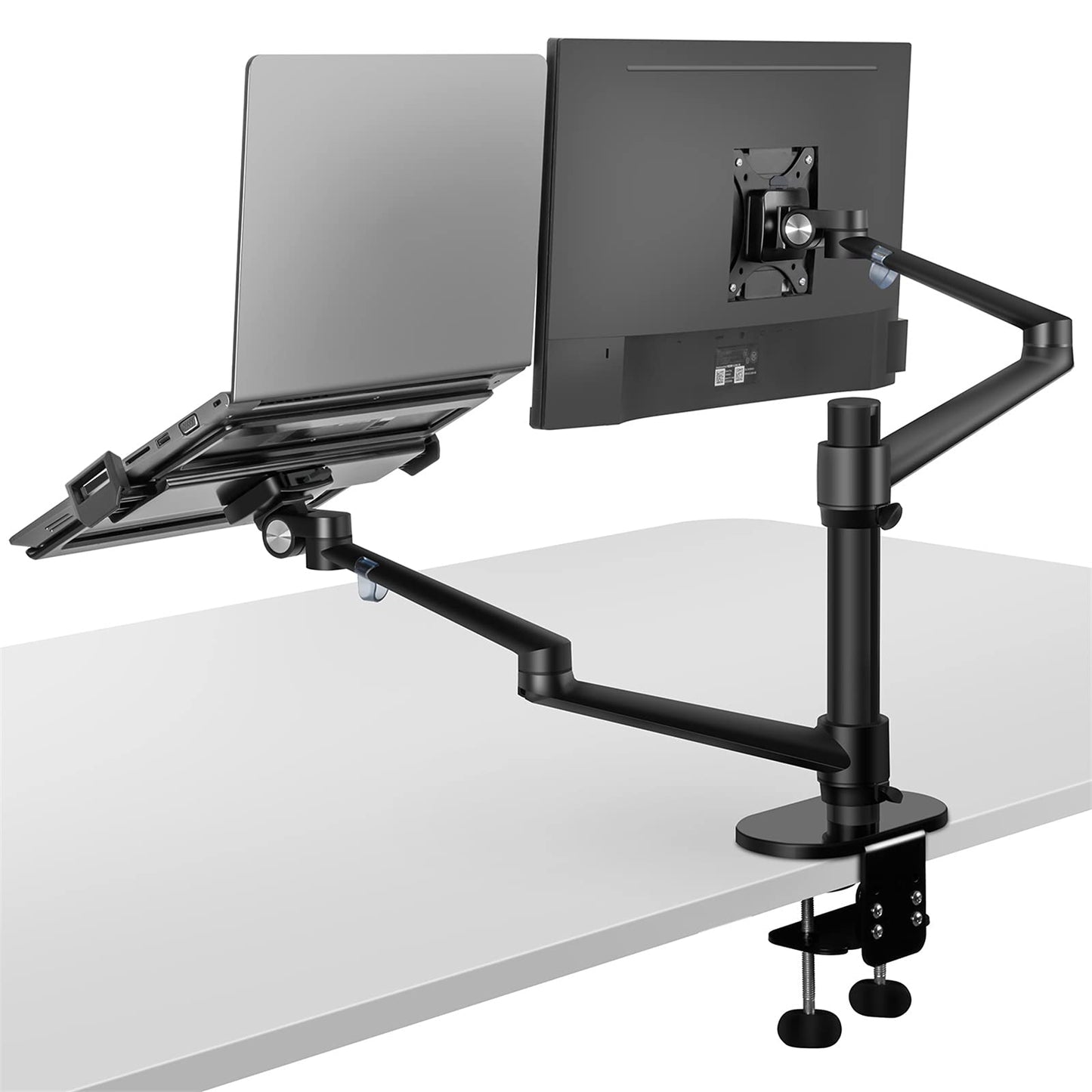 Monitor and Laptop Mount, 2-in-1 Adjustable Dual Arm Desk Mounts Single Desk Arm Stand/Holder for 17 to 32 Inch LCD Computer Screens, Extra Tray Fits 12 to 17 inch Laptops (Black)