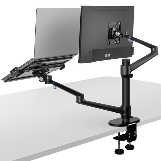 Monitor and laptop mount with adjustable dual arms in black
