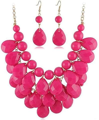 Pink layered necklace and earrings set with teardrop designs