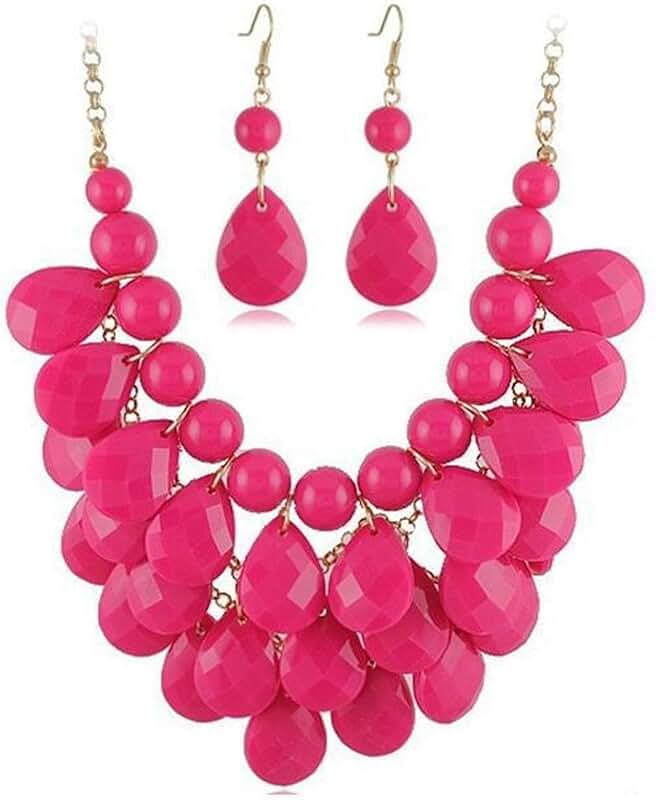 Pink layered necklace and earrings set with teardrop designs