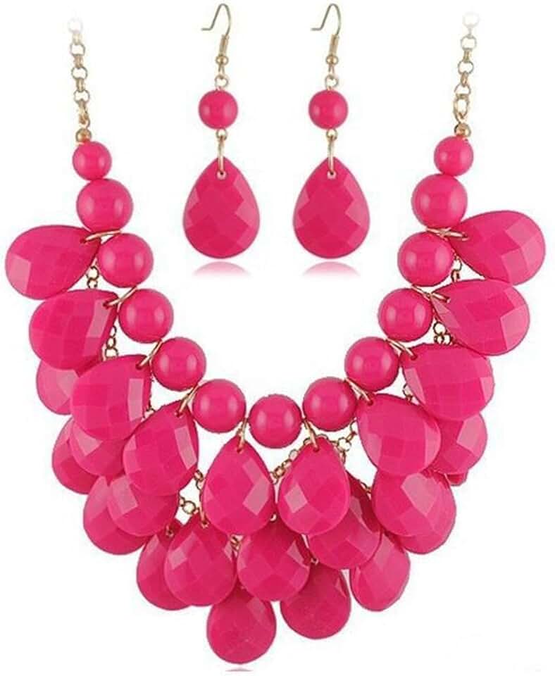 Pink layered necklace and earrings set with teardrop designs