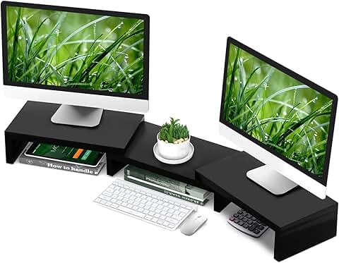 Dual Monitor Stand with Adjustable Length and Shelves