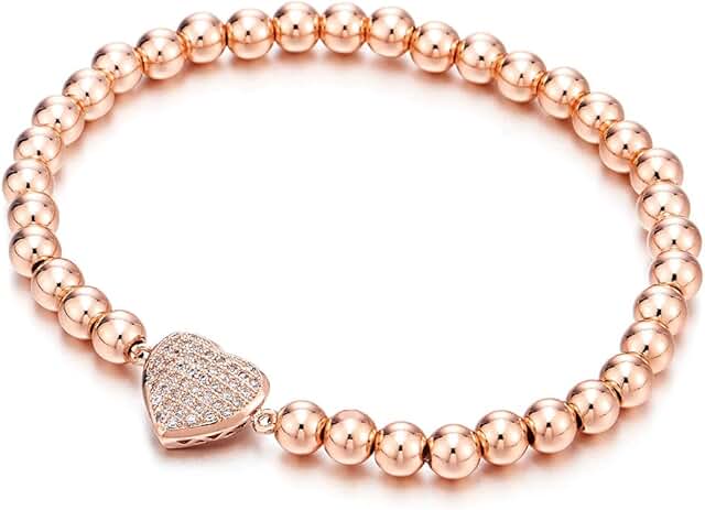 Rose gold beaded link bracelet with heart charm