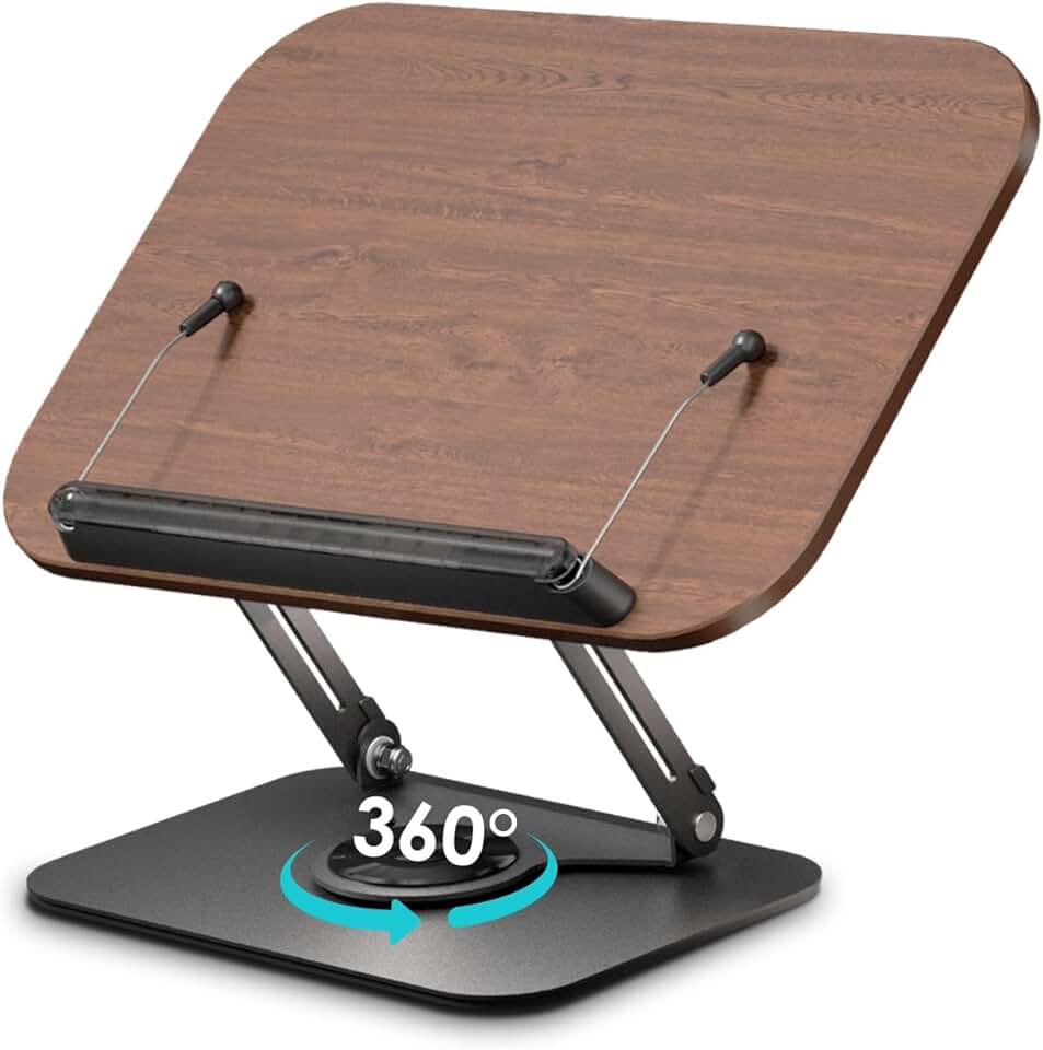 Adjustable, portable book stand with rotating base