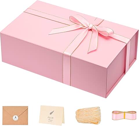 Pink gift box with filler, ribbon, and sticker