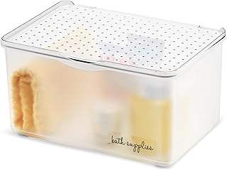 Medium stacking bin with clear lid for makeup and storage