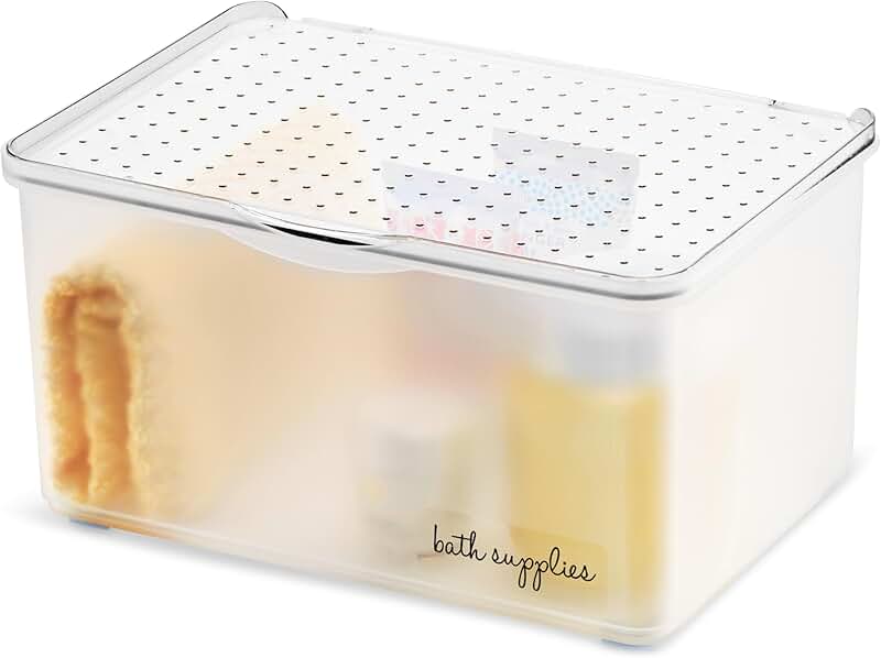 Medium stacking bin with clear lid for makeup and storage