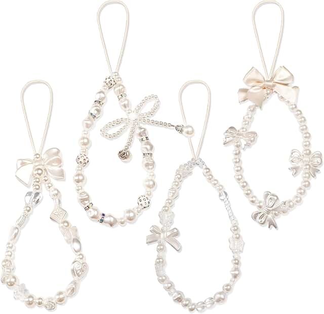 Set of four cute phone charms with beads, bows, butterflies, and flowers