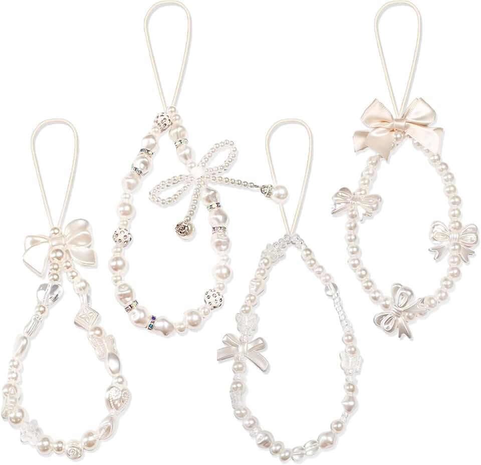 Set of four cute phone charms with beads, bows, butterflies, and flowers