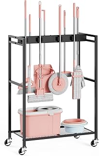 Broom and Mop Storage Hanger with Wheels