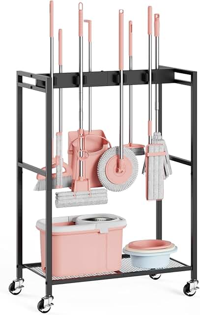 Broom and Mop Storage Hanger with Wheels