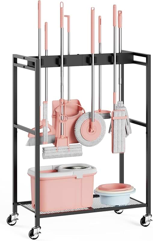 Broom and Mop Storage Hanger with Wheels