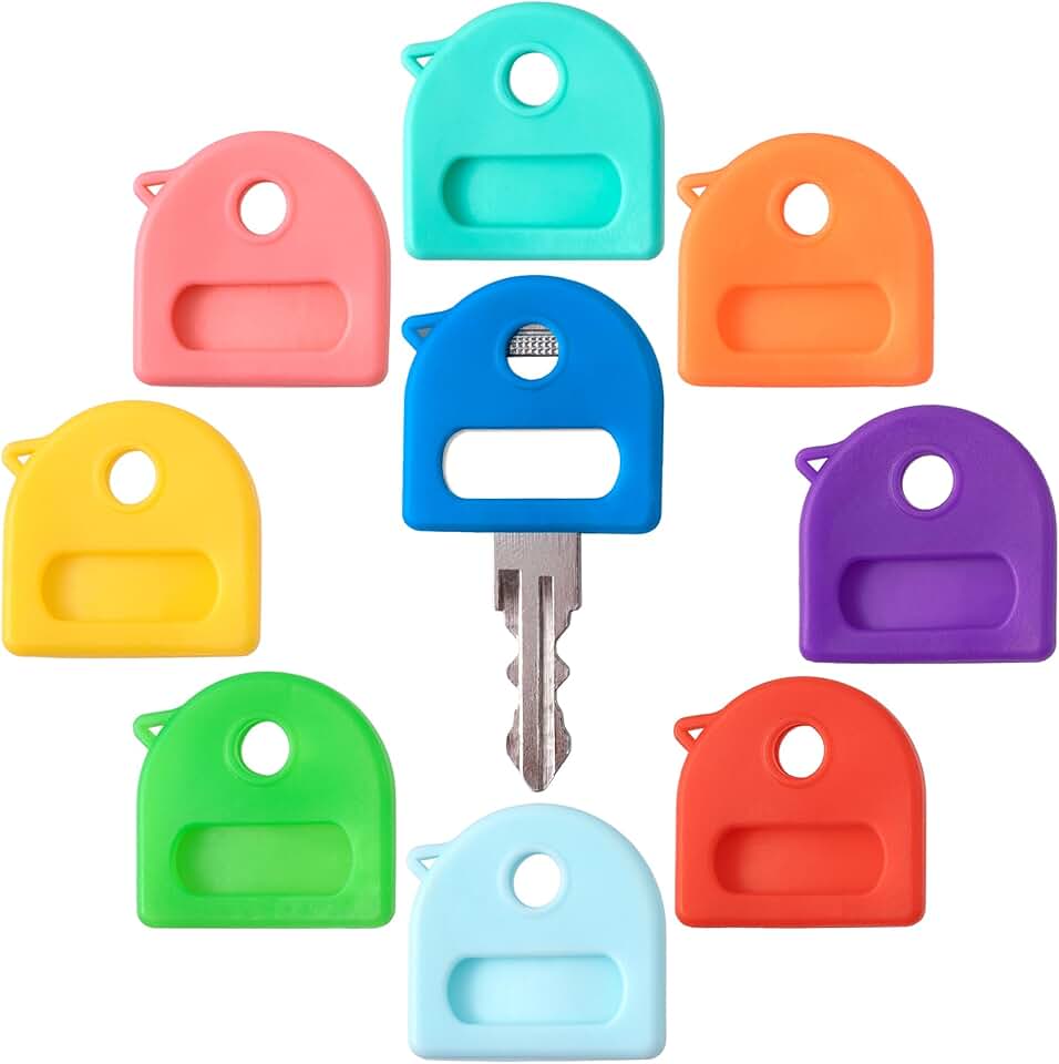 Set of 9 colorful key cap tags with blank and printed labels