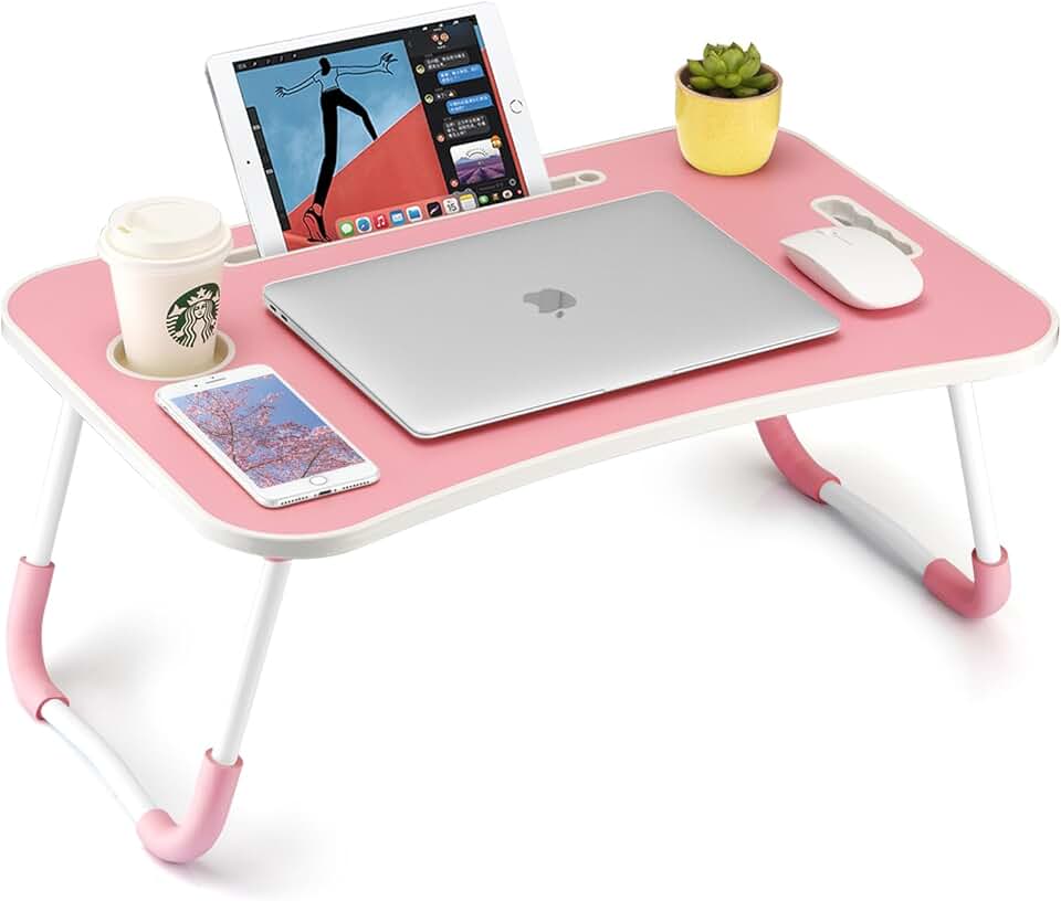Pink foldable lap desk with cup holder and tablet slot