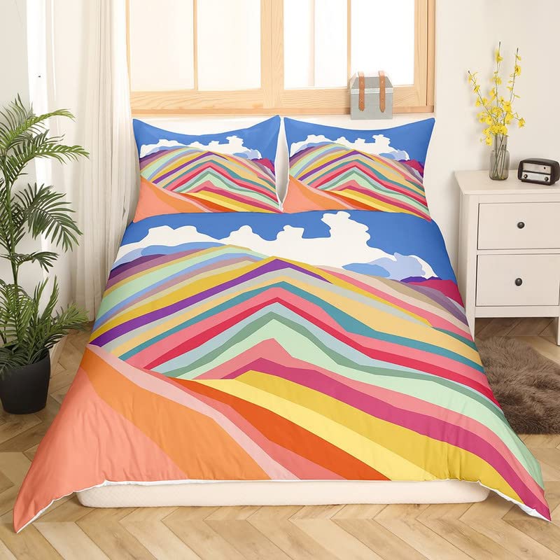 Rainbow Comforter Cover for Kids Boys Girls Toddler,Colorful Geometric Stripes Duvet Cover Twin, Painting Bedding Set Soft,Watercolor Tie Dyed Quilt Cover 2 Piece