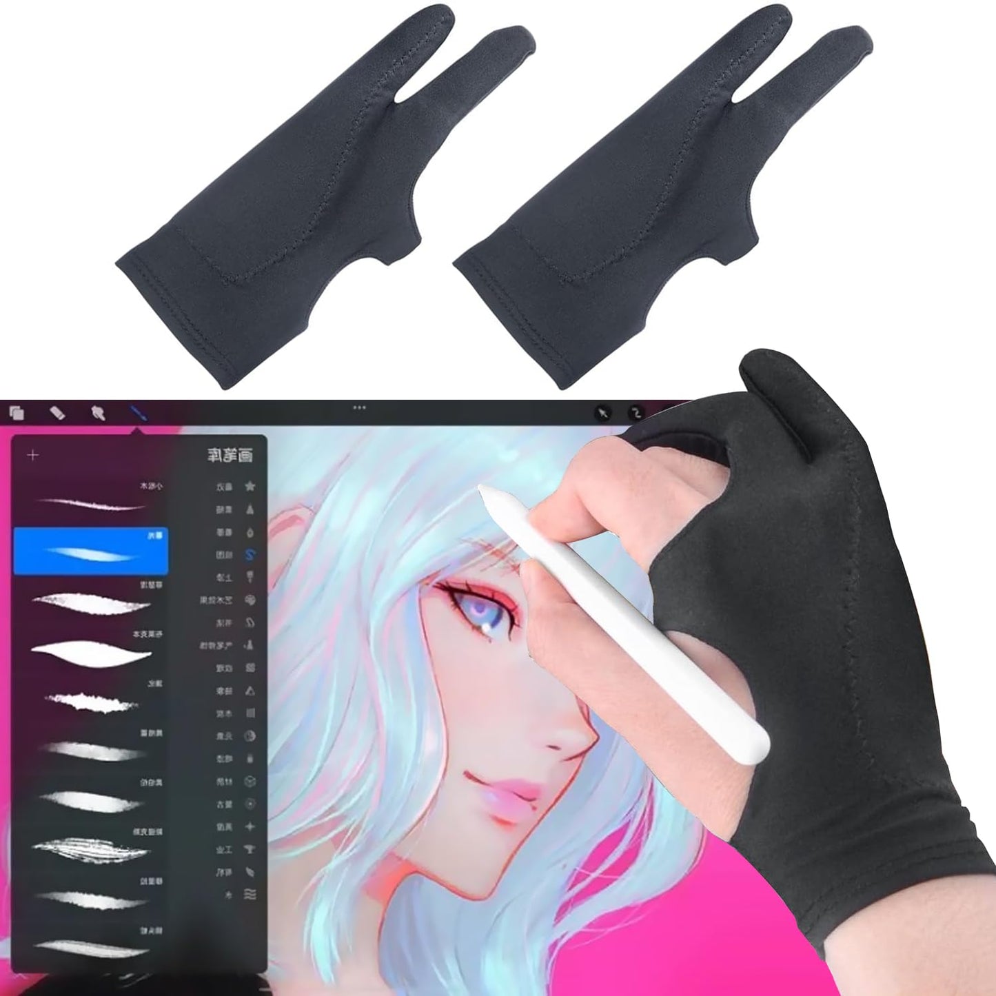 Drawing glove with palm rejection, black, 2-pack