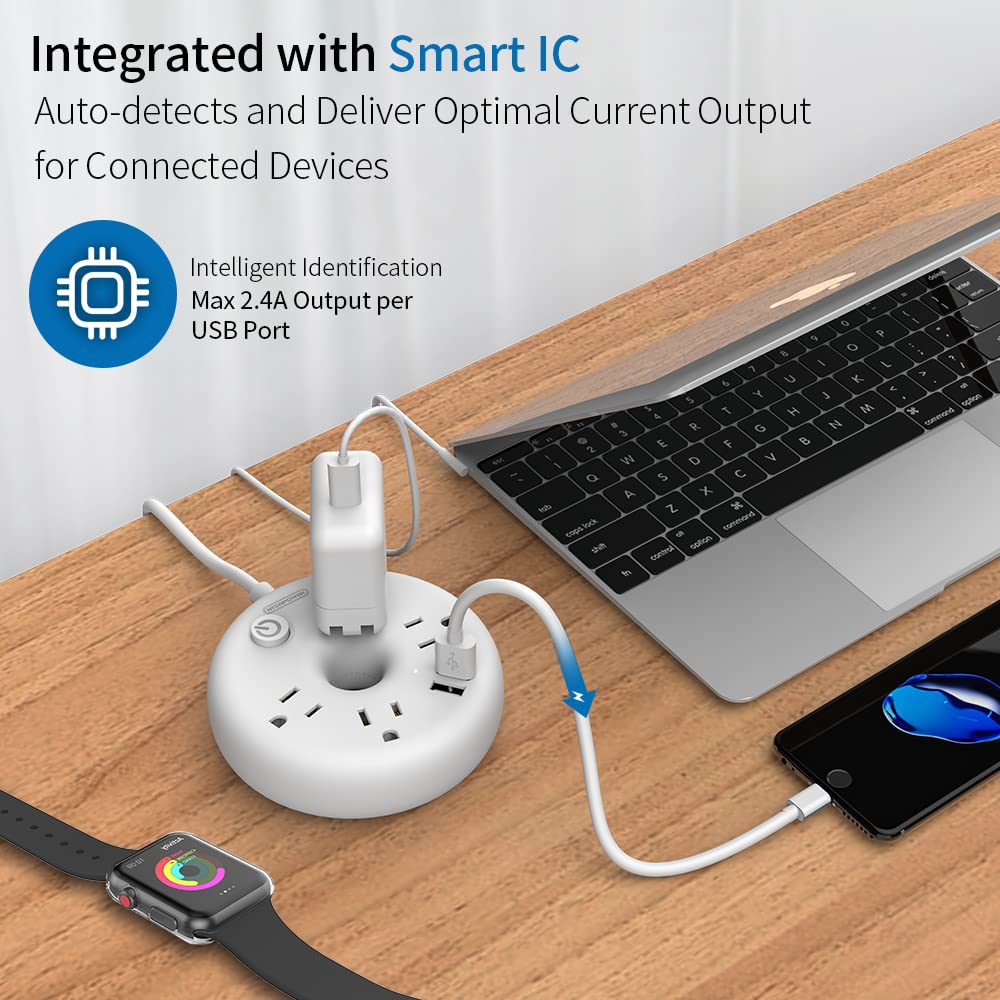 Extra Long Extension Cord 25 ft, Flat Plug Power Strip with USB Ports, 4 Outlet Desktop Charging Station, Compact Wall Mount, Circuit Breaker, Home Office, Dorm, Garage, Ideal for Old House