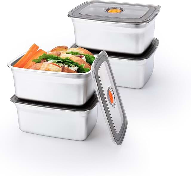 Set of four 50oz stainless steel food storage containers with leak-proof lids