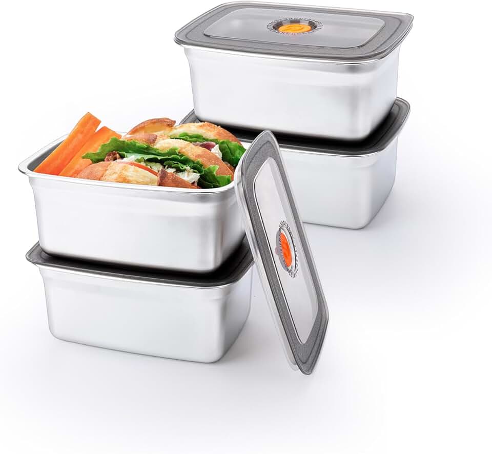 Set of four 50oz stainless steel food storage containers with leak-proof lids