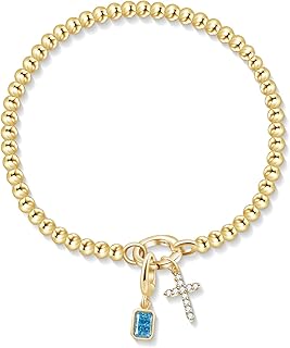Dainty Gold Beaded Cross Birthstone Bracelet