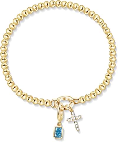 Dainty Gold Beaded Cross Birthstone Bracelet