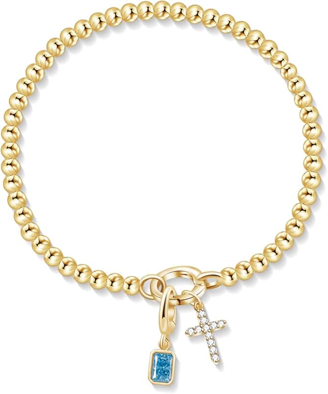 Dainty Gold Beaded Cross Birthstone Bracelet