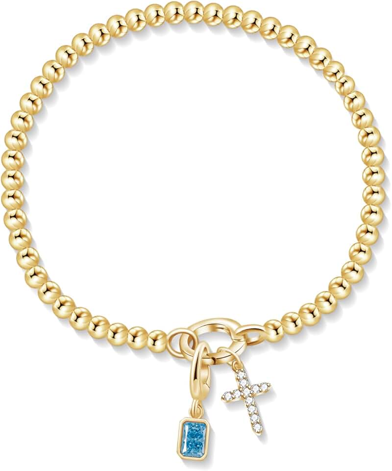 Dainty Gold Beaded Cross Birthstone Bracelet