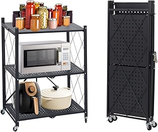 Three-tier foldable metal storage shelf with wheels