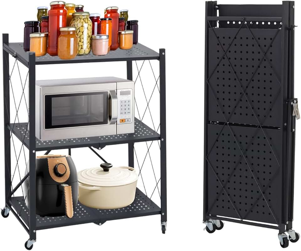 Three-tier foldable metal storage shelf with wheels