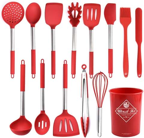 14-Piece Silicone Cooking Utensil Set with Stainless Steel Handles