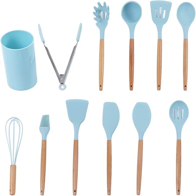12-Piece Silicone Kitchen Utensil Set with Wooden Handles