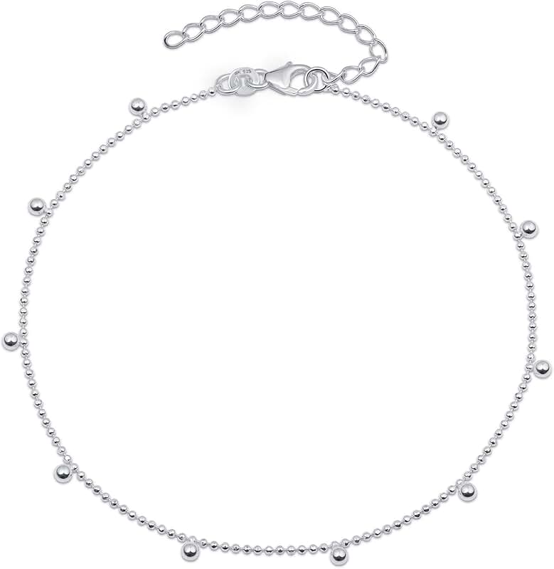 Sterling Silver Beaded Heart Anklet for Women