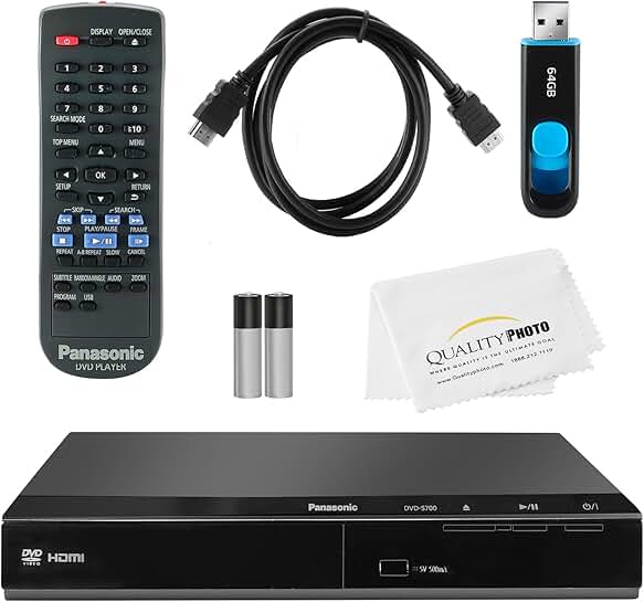 DVD Player with Remote, 6ft HDMI Cable, 64GB USB, and Cloth