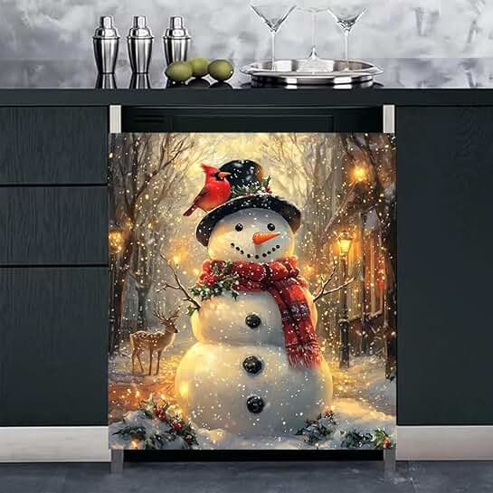 Red Bird and Deer Dishwasher Magnet Cover, 23x26 inches