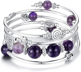 Rose Bead Wrap Bangle with Natural Agate Stone
