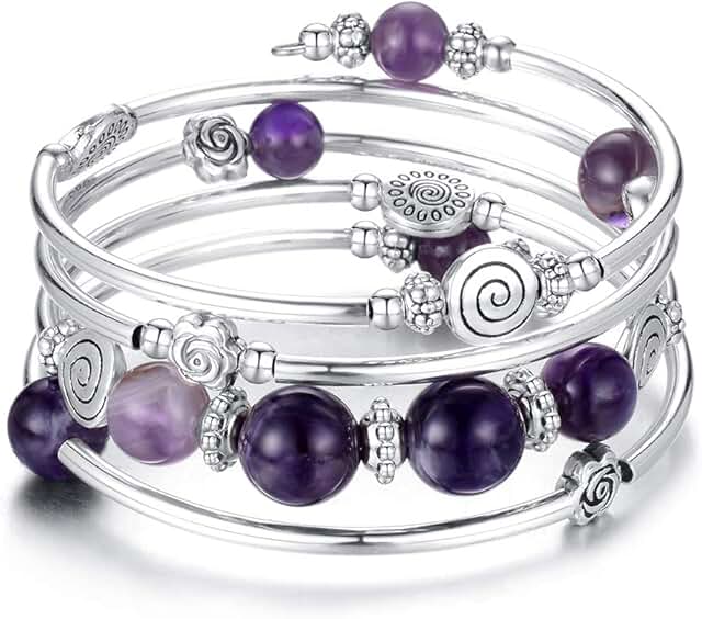 Rose Bead Wrap Bangle with Natural Agate Stone