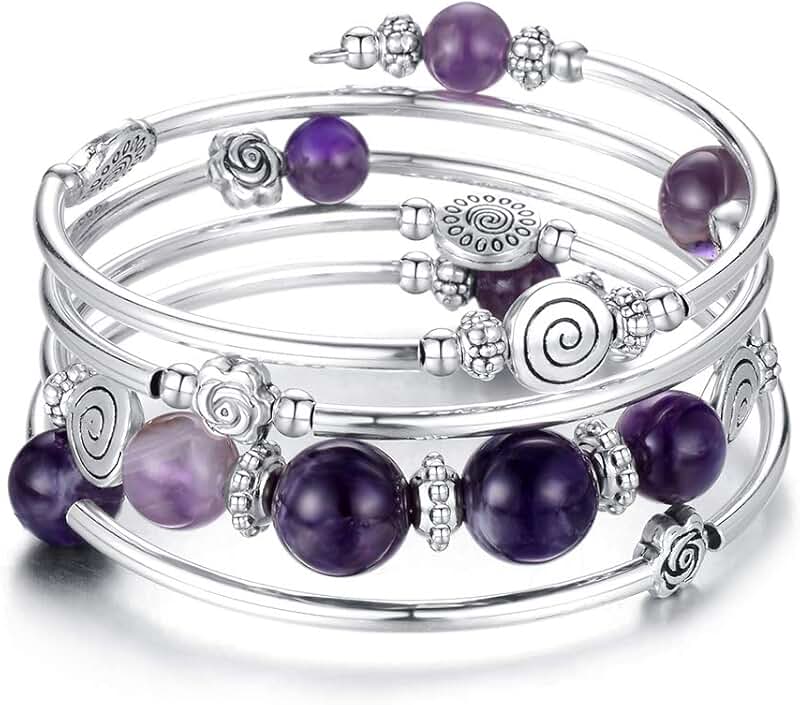 Rose Bead Wrap Bangle with Natural Agate Stone