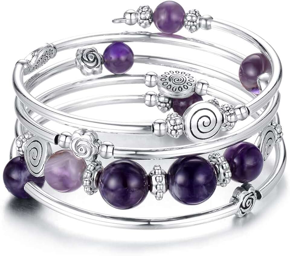 Rose Bead Wrap Bangle with Natural Agate Stone