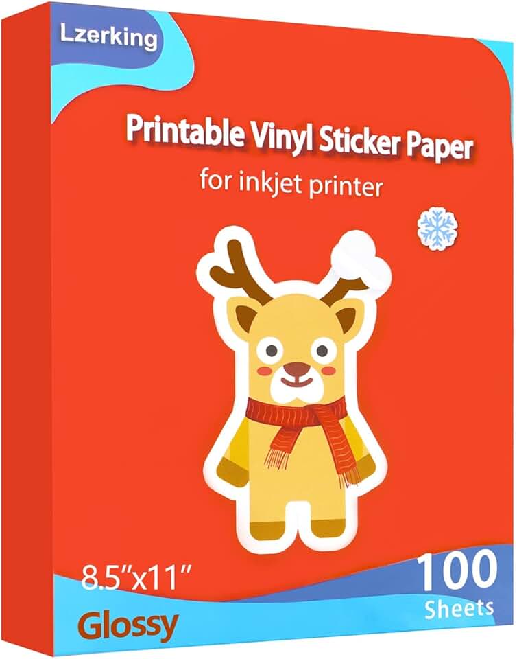 Printable Glossy Vinyl Sticker Paper, 100 Sheets, Waterproof