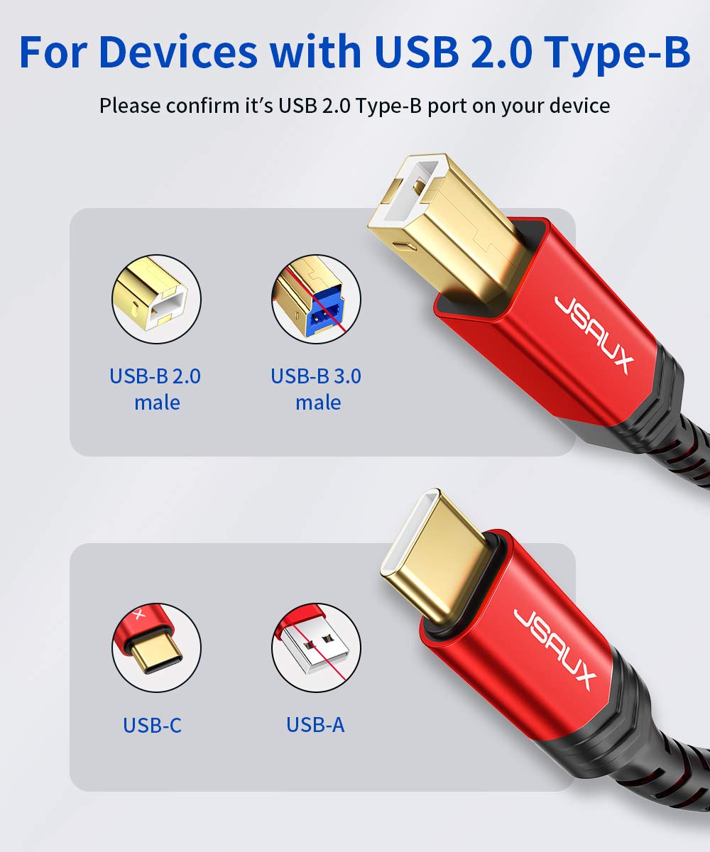 USB B to USB C Printer Cable 10ft, USB C to USB B Printer Cable Nylon Braided, USB C MIDI Cable Compatible for MacBook Pro, HP, Epson, Canon, Brother, Lexmark, Xerox Printers and Scanner-Red