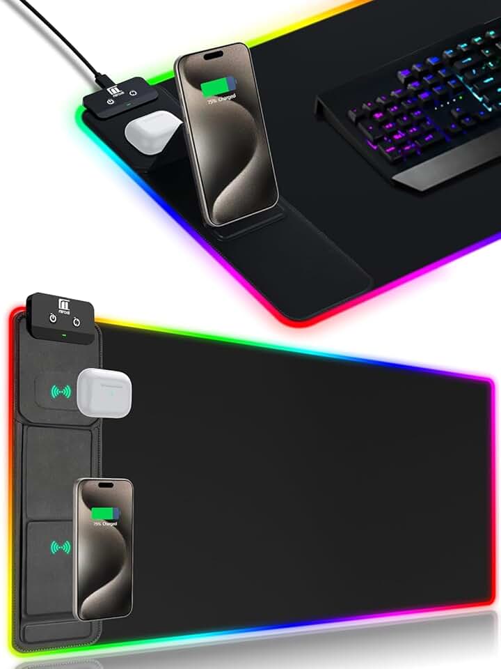 Large black RGB mouse pad with phone holder and fast charging