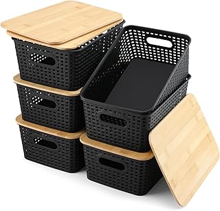 Set of 6 Black Storage Bins with Bamboo Lids