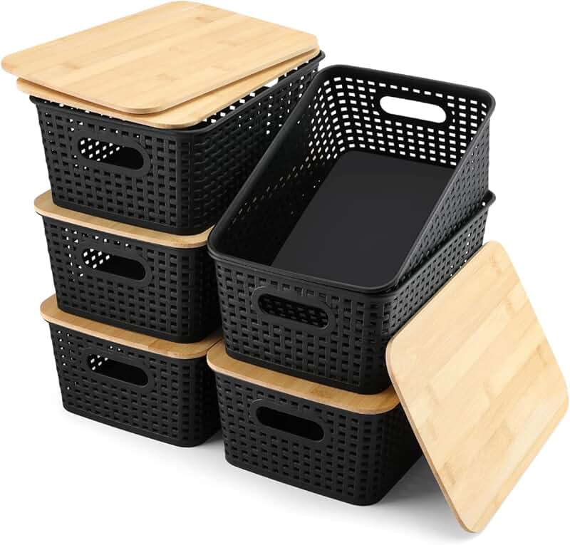 Set of 6 Black Storage Bins with Bamboo Lids