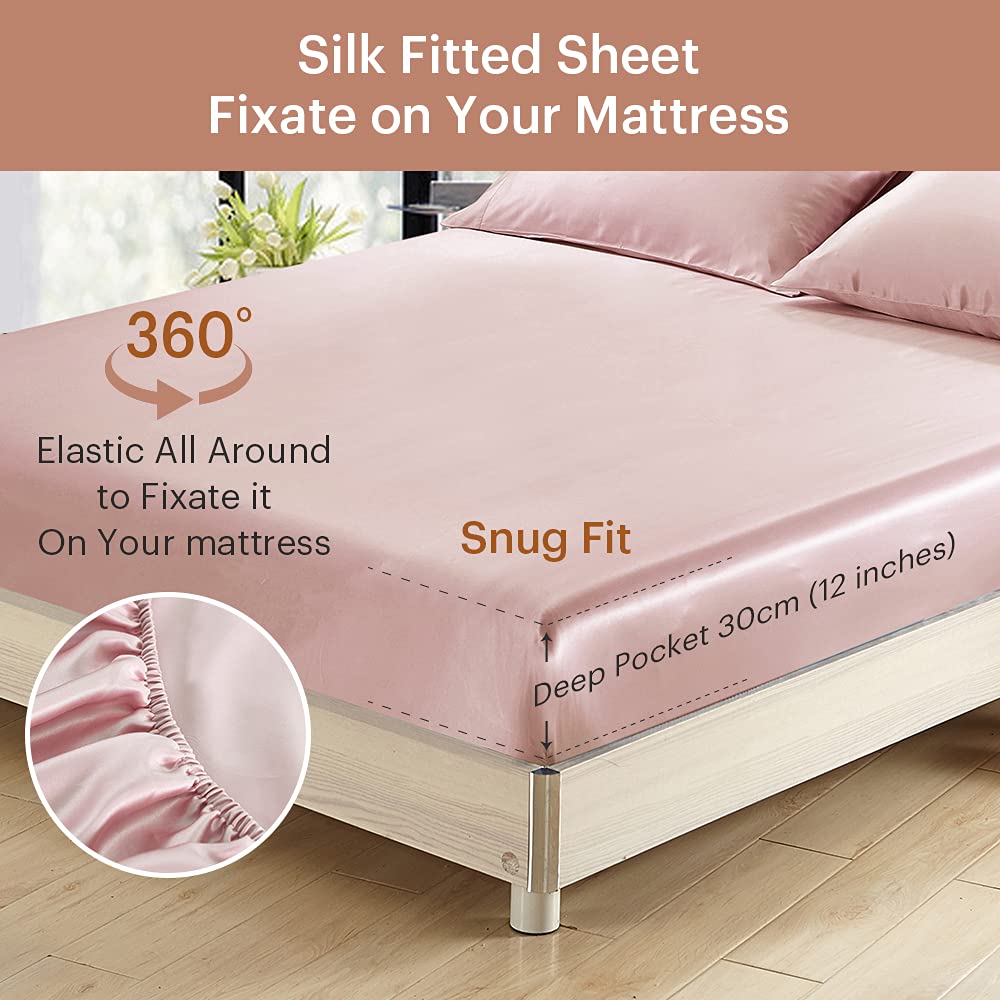 Silk Fitted Sheet, 19 Momme Grade 6A 100% Mu erry Silk, 16'' Deep Pocket, Soft Silk Bottom Sheet, Rosy Pink, King Size