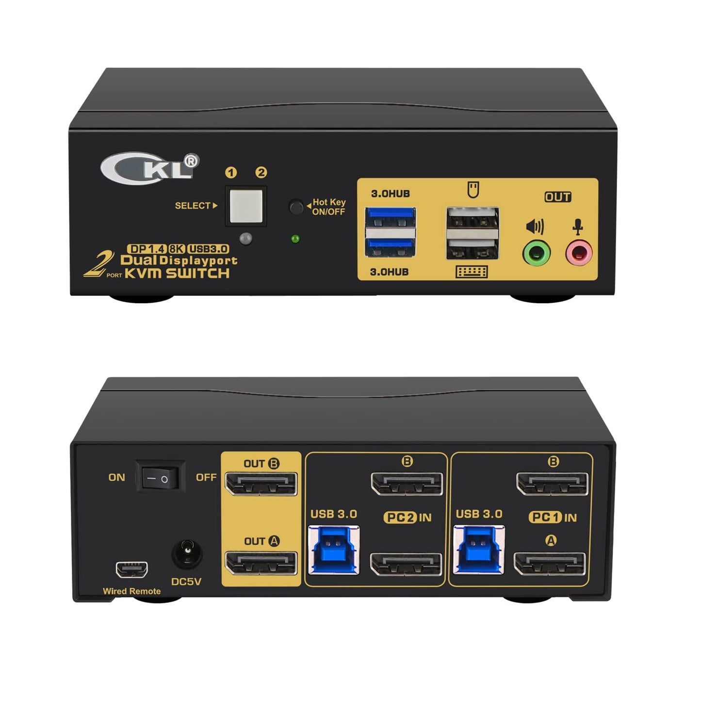 2 Port USB 3.0 KVM Switch Dual Monitor DisplayPort 1.4 4K@144Hz 8K@30Hz for 2 Computers, PC Screen Keyboard Mouse Peripheral Audio Sharing Selector Box, with All Cables (622DP-4)